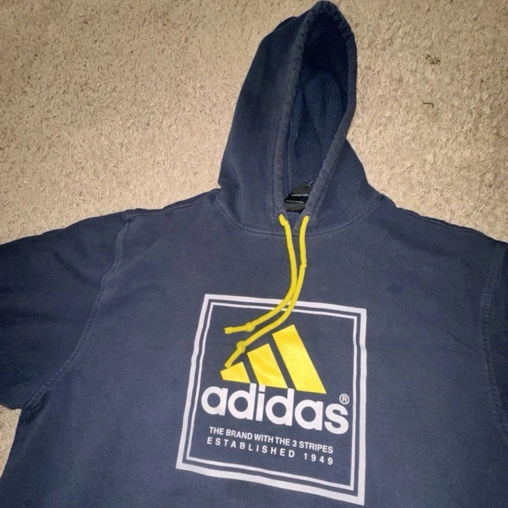 Adidas Hoodie Mens Large Blue White Spell Out Pullover Sweater RN#88387